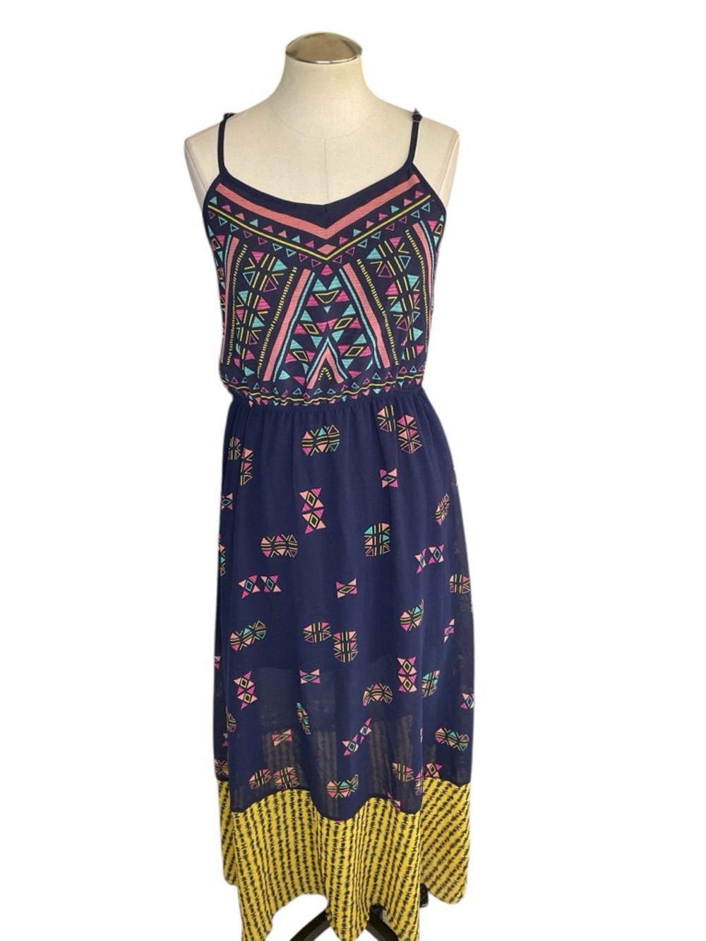 Xhilaration Boho Midi Dress Geometric Print Strappy Navy Size M - Picture 2 of 8